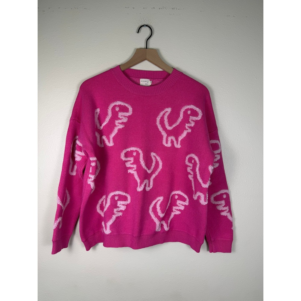 Dreamers Debut Emo Eclectic Dinosaur Sweater Womens M Pink T-Rex Crewneck Knit